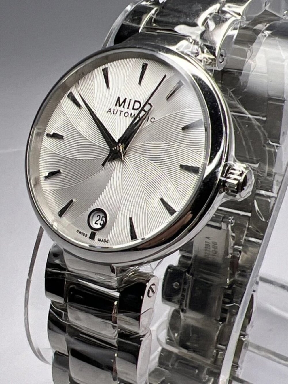 Mido Baroncelli 33mm Steel Automatic Date Watch Silver Swirl Dial NEW